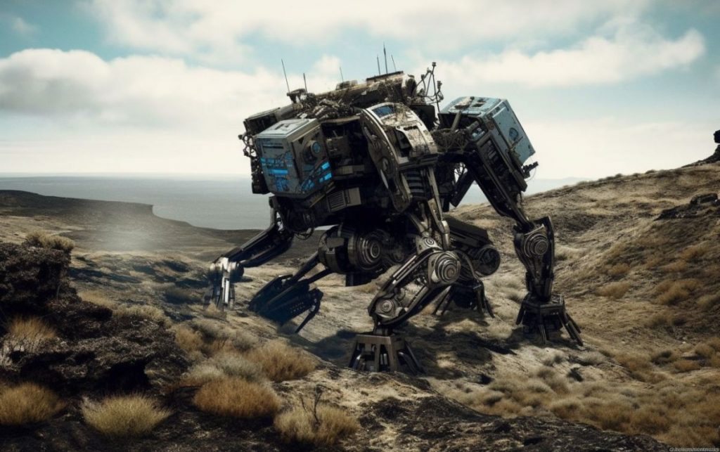 Epic terragenumanoid biomechanical robot ::3 influenced by Beeple, Ralph Goings, John Baeder, Audrey Flack, Alex Grey, Roberto Bernardi and Pedro Campos. A strange and chilling landscape piece, similar to works by artstation, Zbrush, octane, vray, Clara Peeters Jacob van Ruisdael, Jan van Goyen,Jan Davidsz de Heem,Willem Claesz Heda, Jan Davidsz de Heem, Maurice Sendak, Lee Me Kyeoung,Edward Hopper,Jan Steen, Hieronymus Bosch, Ricardo Bofill, Frank Stella,Marcel Breuer, Jacek Yerka, Zdzislaw Beksinski, Long Hui, Xu Zhen, Kentaro Miura, transformed by LSD & DMT, ancient stargate, hyperdetailed, highcontrast, post work by Salvador Dali. Taken With a Sony A7 35mm lens and Canon EF 600mm f/4L IS III USM --v 5a --stylize 750 --chaos 20 --ar 16:10 --v 5